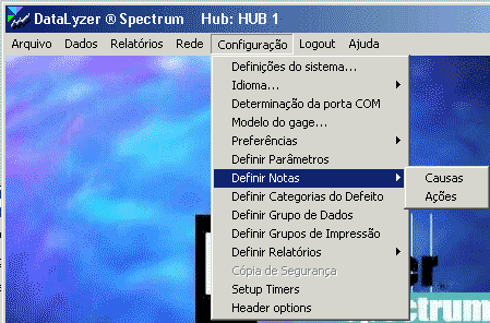 Menu Configuração, Definir notas do Módulo Hub do software