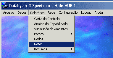 Menu de acesso ao relatório de notas do Datalyzer Spectrum