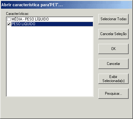 Tela para selecionar características